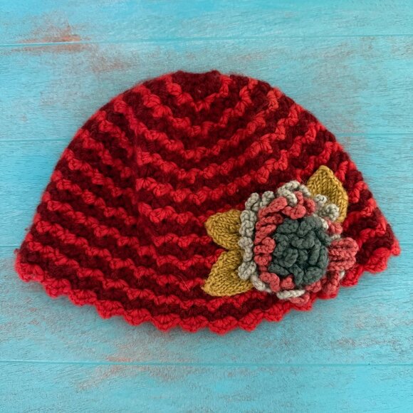 Tara Hand-Knit Wool Beanie With Crochet Floral Accent 100% Wool Made in Nepal - Picture 1 of 7